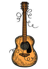 Guitar with torn strings color sketch engraving PNG illustration. Scratch board style imitation. Black and white hand drawn image.