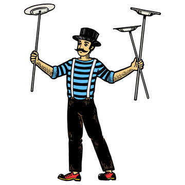 recommend clip art: Circus juggler balancing plates on sticks performance color sketch engraving PNG illustration. Scratch board style imitation. Black and white hand drawn image.
