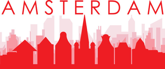 Red panoramic city skyline poster with reddish misty transparent background buildings of AMSTERDAM, NETHERLANDS