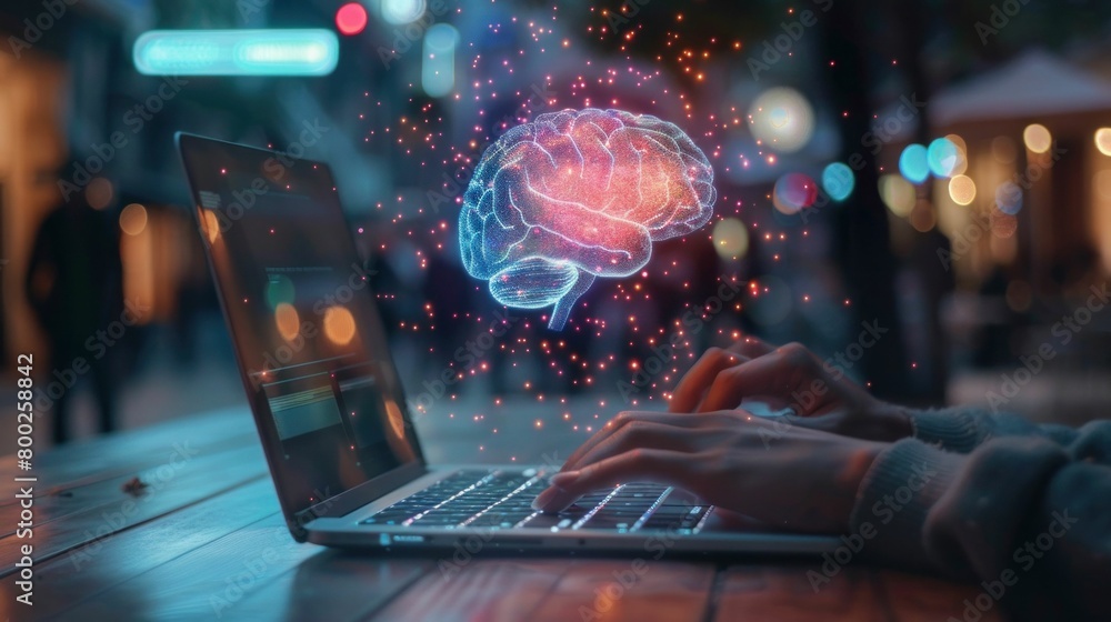 Poster person working on laptop with brain image on screen, concept of neuroscience and technology integrat