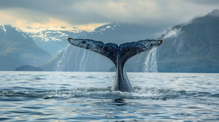 Majestic large whale diving in ice cold ocean waters. Wildlife. Marine life. Aquatic. Oceanic.