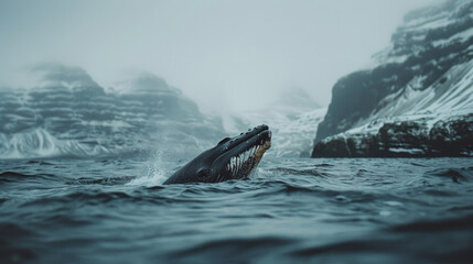 Fototapeta premium Majestic large whale diving in ice cold ocean waters. Wildlife. Marine life. Aquatic. Oceanic.