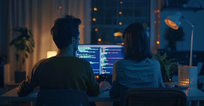 Two Programmers Collaborating on Software Development in a Dimly Lit Room at Night