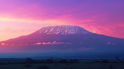 Fototapeta premium At sunrise, the silhouette of Kilimanjaro looms over the African landscape