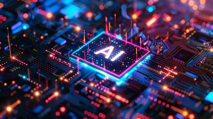Obraz premium Close-Up View of An AI Chip on a Circuit Board With Illuminated Connections