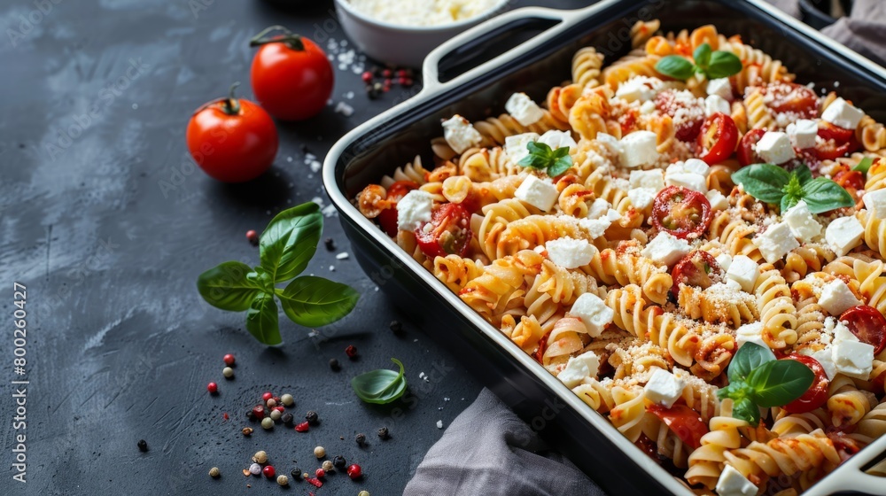 Wall mural tasty pasta with tomatoes and feta cheese on the table generative ai