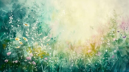 Delicate watercolor of a rain-kissed meadow with wildflowers, symbolizing renewal and the healing aspects of nature