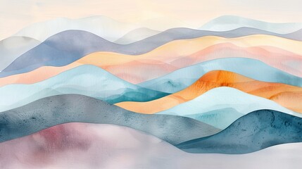 Abstract watercolor interpretation of hilly landscapes, flowing forms and calming hues designed to soothe and relax viewers in a clinical setting