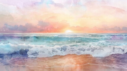 Artistic watercolor interpretation of waves gently lapping against a sandy shore under a pastel sunset, calming and picturesque