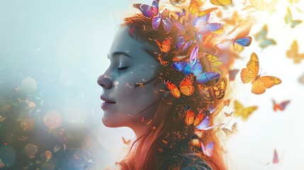 Abstract fantasy portrait of a beautiful girl combining the profile of a girl and butterflies in her hair. Double exposure prismatic butterflies.