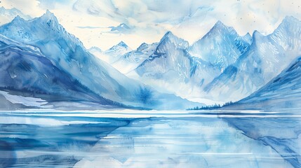 Artistic watercolor of a snowy mountain vista, conveying a sense of quiet strength and purity, ideal for a calming clinic environment