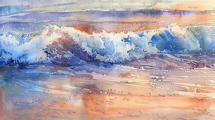Artistic watercolor of waves gently breaking on a deserted beach at dusk, warm colors fostering a calming atmosphere in patient waiting areas