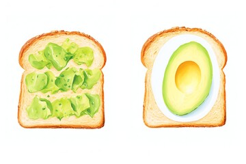 A watercolor of avocado toasts. On the left, a toast with mashed avocado and cream cheese. On the right, a toast with half an avocado.