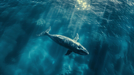 Fototapeta premium Majestic large whale swimming in open ocean waters. Wildlife. Marine life. Aquatic. Oceanic.