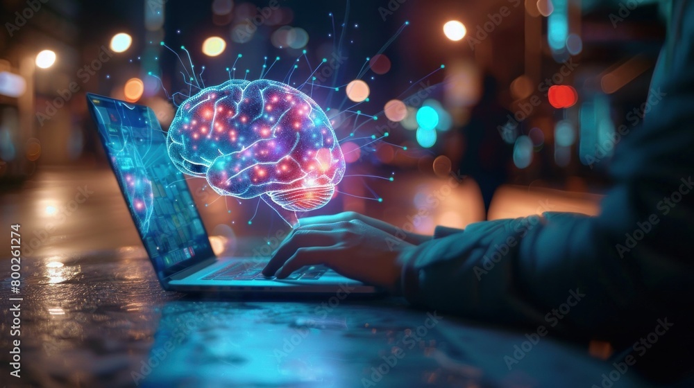 Poster conceptual image of person typing on laptop with brain image on screen in background, symbolizing cr