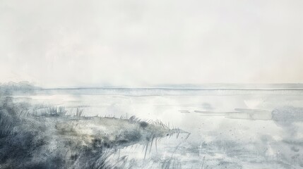Atmospheric watercolor of a misty morning by the sea, the horizon barely visible through the fog, enhancing the feeling of calm