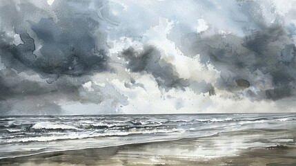 Atmospheric watercolor of a stormy sea viewed from the beach, the drama of the clouds contrasted with the peace of the shore