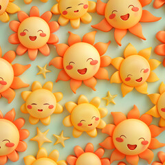 A bunch of cartoon suns with smiling faces. Scene is cheerful and happy. Generative AI