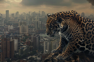 A Wild Jaguars Fierce Gaze Pierces the City's Skyline, Embodying Nature's Resurgence Amidst Urban Sprawl and the Revitalization of Rural Towns