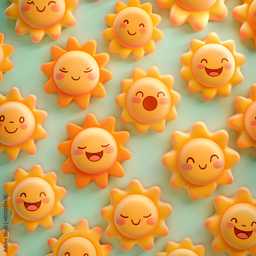 Aufkleber a bunch of cartoon suns with smiling faces. scene is cheerful and happy. generative ai