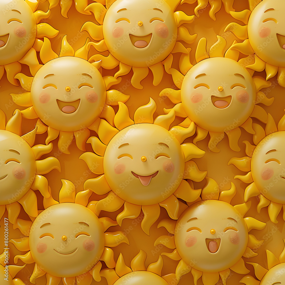 Aufkleber a group of yellow suns with smiling faces. the suns are arranged in a pattern, with some overlapping