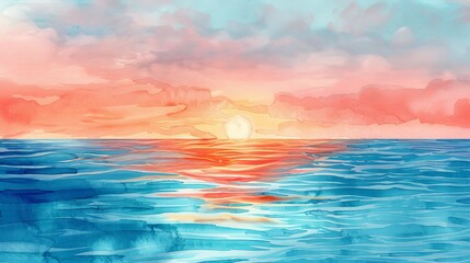 Calming watercolor illustration of a coastal sunset, the colors melting into the sea, designed to ease the mind and comfort patients