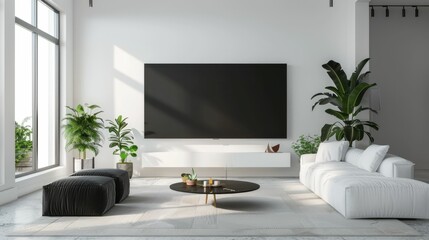 Contemporary Living Room with White Furniture and Large Flat Screen TV on Wall