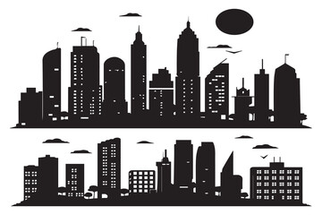 Fototapeta premium set of City silhouette in flat style. Modern urban landscape. Vector illustration. City skyscrapers building office skyline on white background