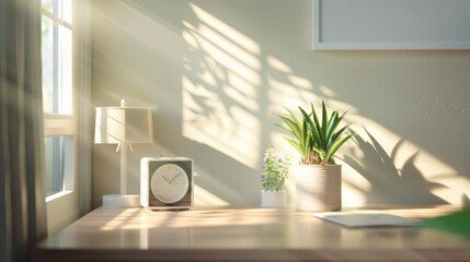 Modern alarm clock at light living room in morning light