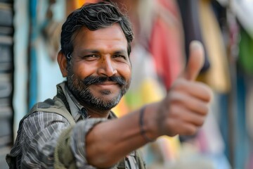 Indian man giving a thumbs up gesture. Concept Man, Thumbs up, Gesture, Indian culture, Positive attitude