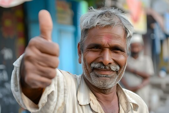 Indian man showing approval with thumbs up gesture. Concept Indian Culture, Gestures, Thumbs Up, Approval, Positivity