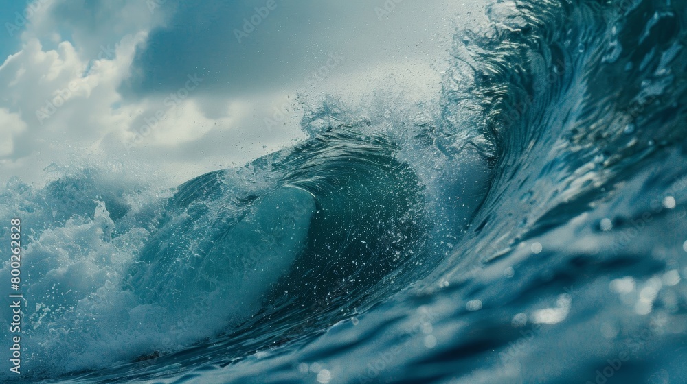 Poster a large and powerful wave is seen rising and breaking in the middle of the vast ocean. the wave appe