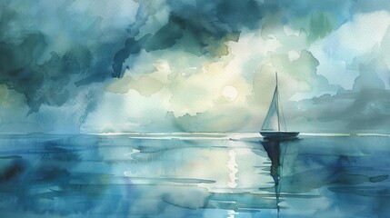 Gentle watercolor of a seascape featuring a lone sailboat on calm waters, the sky and sea blended in serene blues and greens