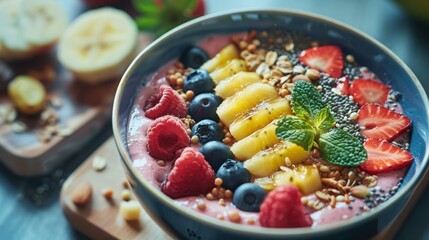 A refreshing smoothie bowl, artfully topped with sliced fruits, nuts, and seeds, vibrant and inviting under studio lights