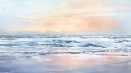 Fototapeta premium Gentle watercolor of a serene ocean view at dawn, soft pastels capturing the quiet beauty of the horizon and calming waves