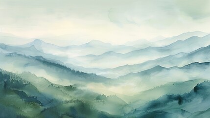 Delicate watercolor of a serene mountain vista, muted tones and broad, soothing strokes to comfort and calm viewers