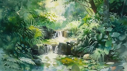 Fototapeta premium Delicate watercolor painting of a serene garden with a babbling brook, lush greenery enveloping the scene for a calming effect