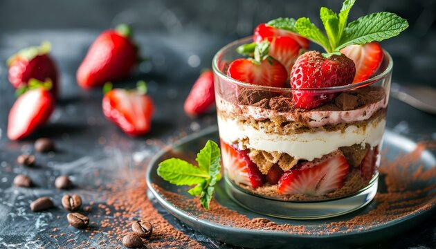 Delicious no bake tiramisu cake with fresh strawberries mascarpone and mint in a glass portion on a dark plate