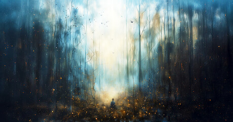 A solitary figure immersed in the forest's morning mist, surrounded by gentle sparks