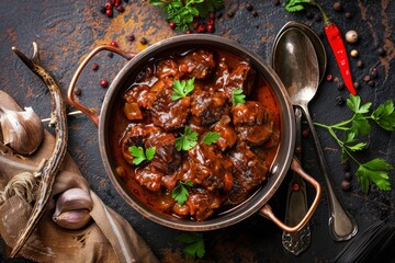 Delicious spicy venison goulash in copper pot with deer antlers viewed from above - obrazy, fototapety, plakaty