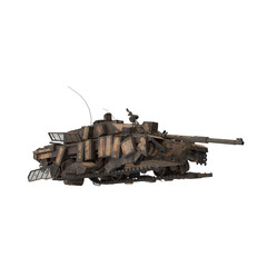 3D realistic destroyed burned tank isolated on a white background, damaged rusty battle tank © 2D
