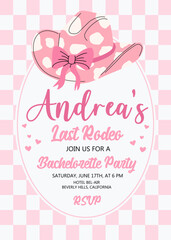 Hen Party invitation card. Last rodeo bachelorette party invitation template with pink cowgirl hat and bow. Cowgirl disco party. Wedding stationery. Coquette core cute trendy design.