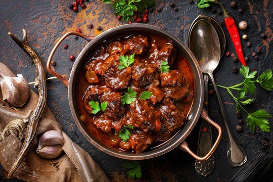 Delicious spicy venison goulash in copper pot with deer antlers viewed from above