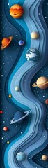 Minimalist spacethemed paper cutout, rich blue background, high contrast white planets and stars, subtle galaxy elements, super detailed