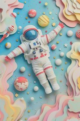 Minimalist papercut depiction of an astronaut floating amidst cutout stars and planets, soft pastel background, super detailed