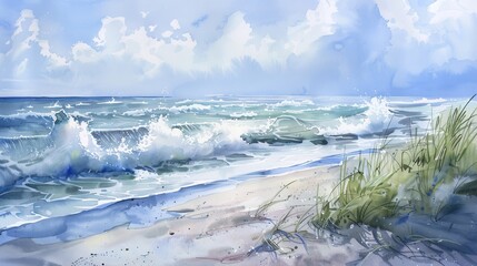 Detailed watercolor painting of a coastal scene with gentle waves, the soft sound of water imagined through fluid brush strokes