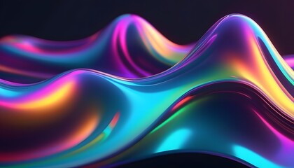 Abstract dark holographic iridescent neon background fluid liquid glass curved wave in motion 3d render. Gradient design element for banners, backgrounds, wallpapers, and covers