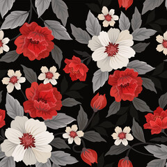 Beautiful red and white flowers on black background seamless pattern. This pattern can be used for fabric textile wallpaper background.