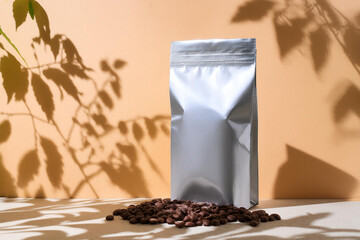 coffee package, studio shot, mockup, background is pastel color, sunlight and leaf shadows are reflected on the wall in the background