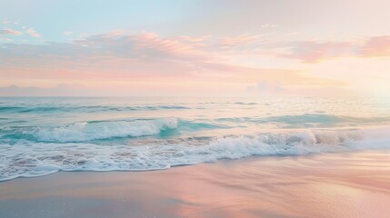 Dreamy watercolor view of the shore seen from a beachfront, with waves lapping quietly at the sand under a pastel sky